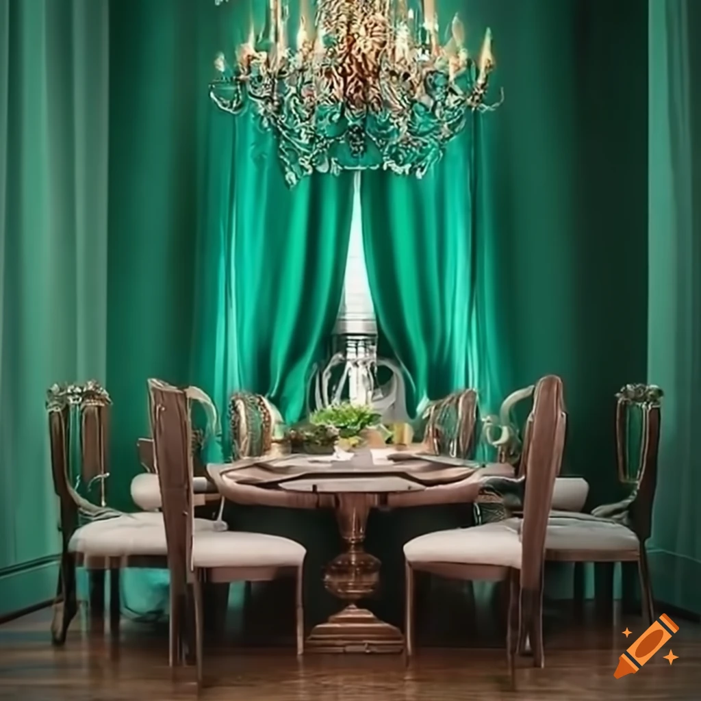 photorealistic dining room with modern chairs and green silk curtains