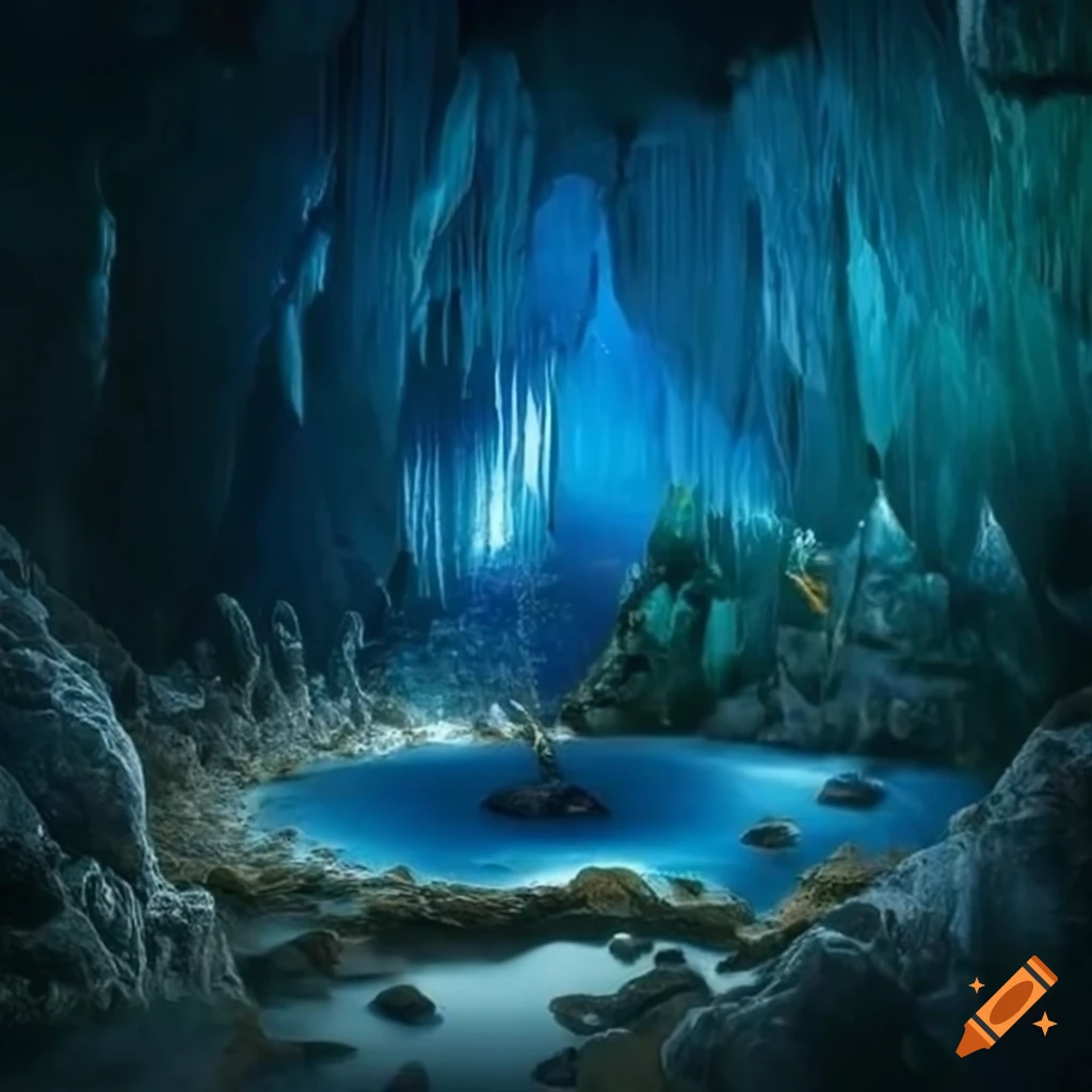 photo of a magical crystal cave with a water feature