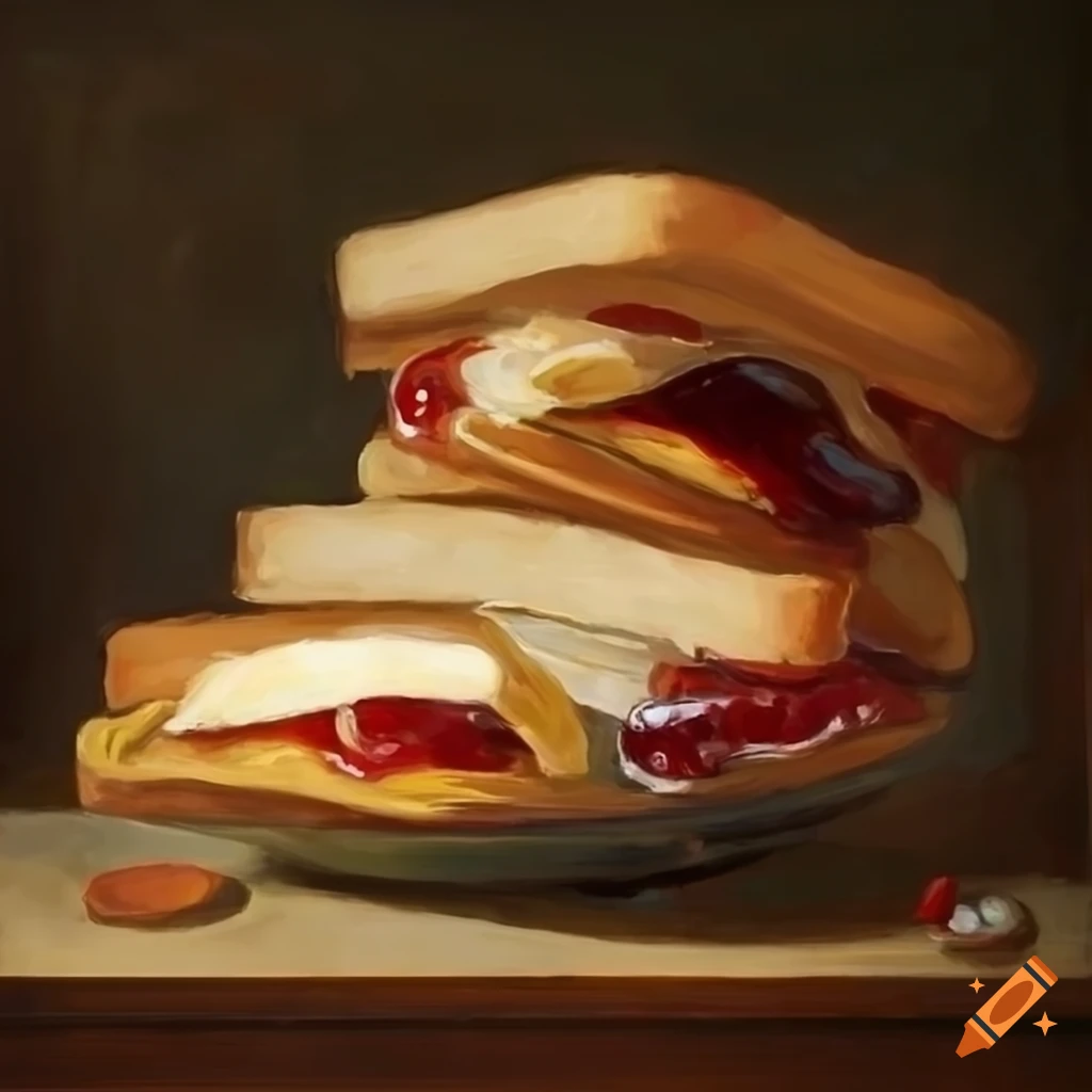 Rococo oil painting of a peanut butter jelly sandwich in a pinball machine