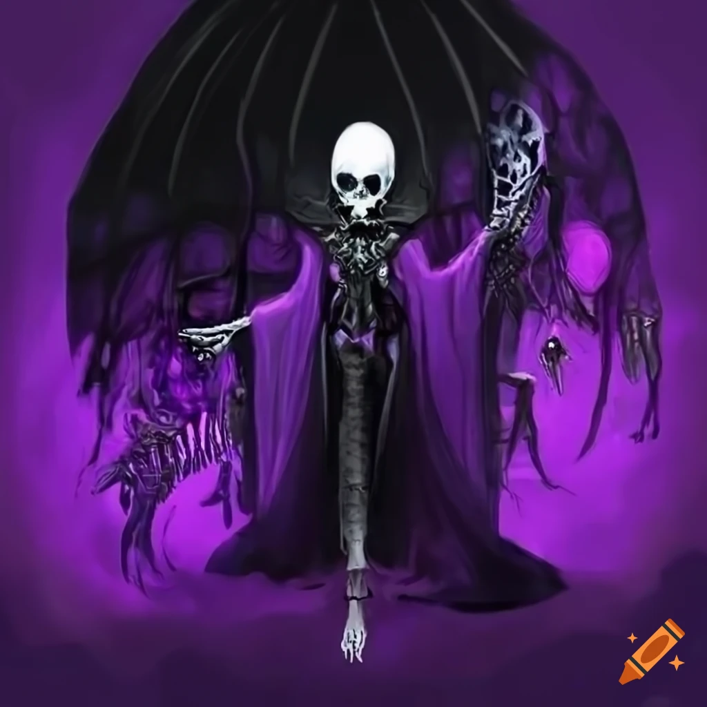 digital art of a mysterious black skeleton with a purple black cloak