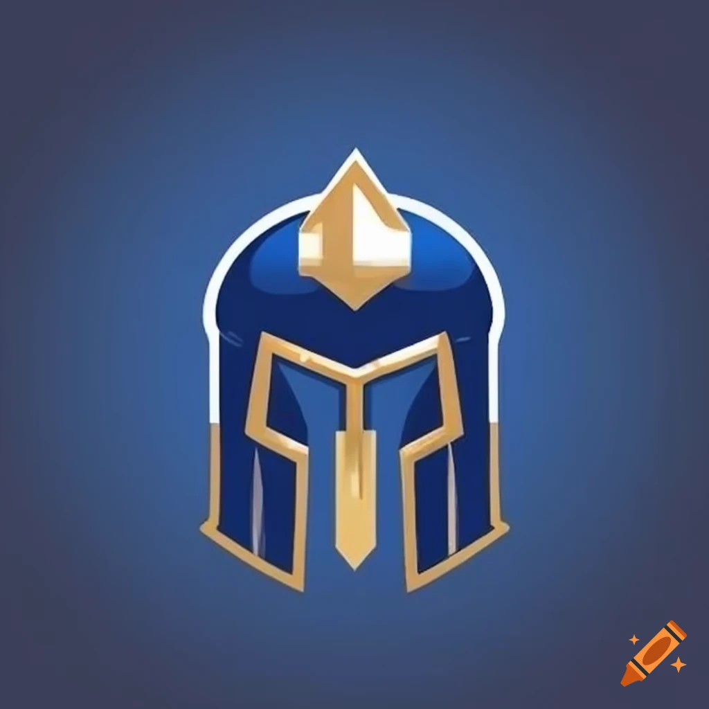 Striking ancient warrior helmet logo in navy blue and gold on Craiyon