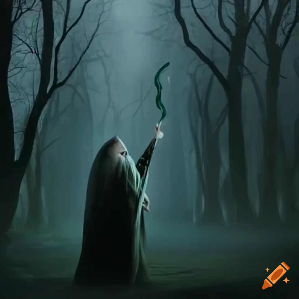 wizard holding a glowing wand in a forest