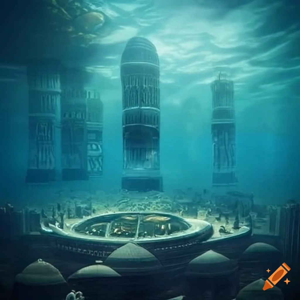 image of mysterious underwater Egyptian city with a futuristic dome