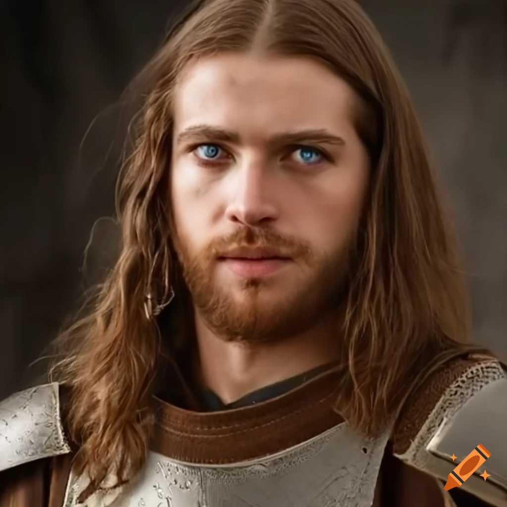 Image of a man with blue eyes and brown hair in armor on Craiyon