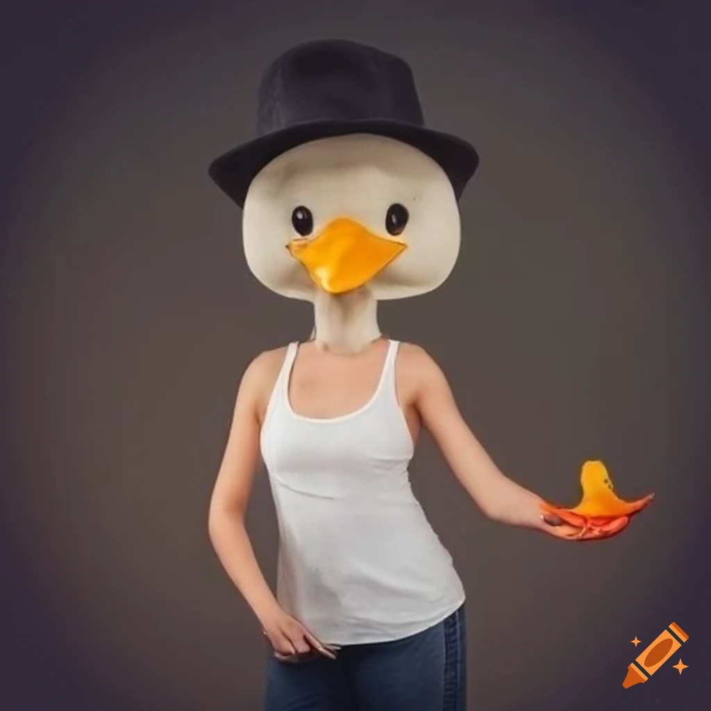 woman with a duck head wearing a fedora