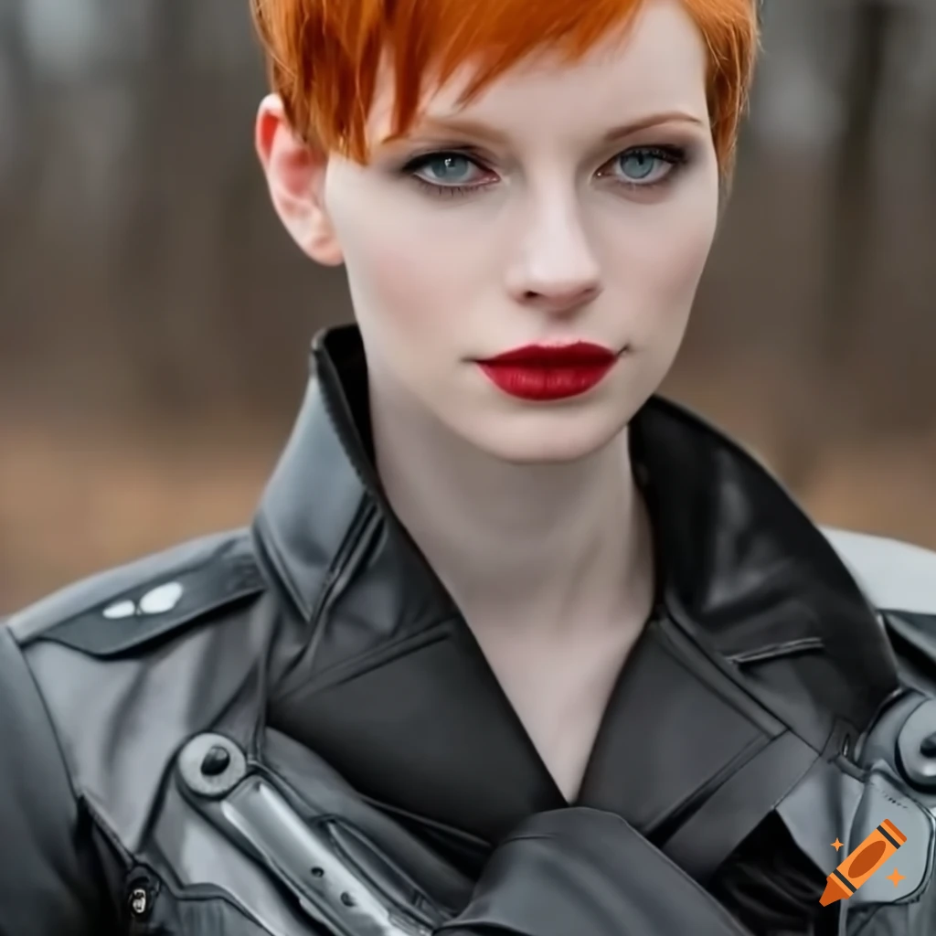 Fashionable woman with short red hair in a black motorcycle jacket