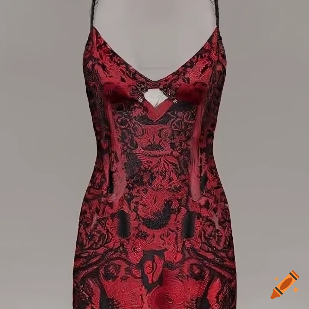 red mini slip dress with creative print