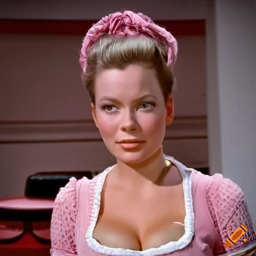 cosplay of female Captain Kirk in pink dirndl with pigtails