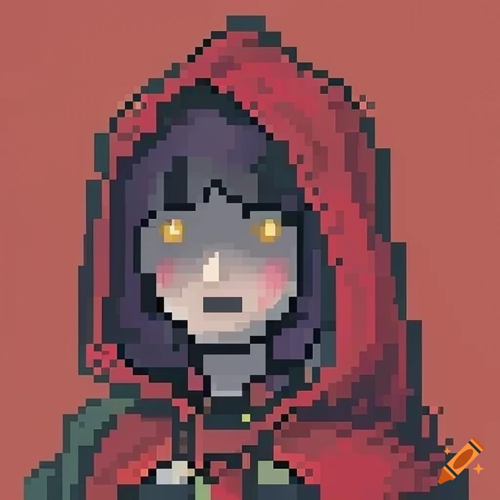 Pixel art of red riding hood in black and white on Craiyon