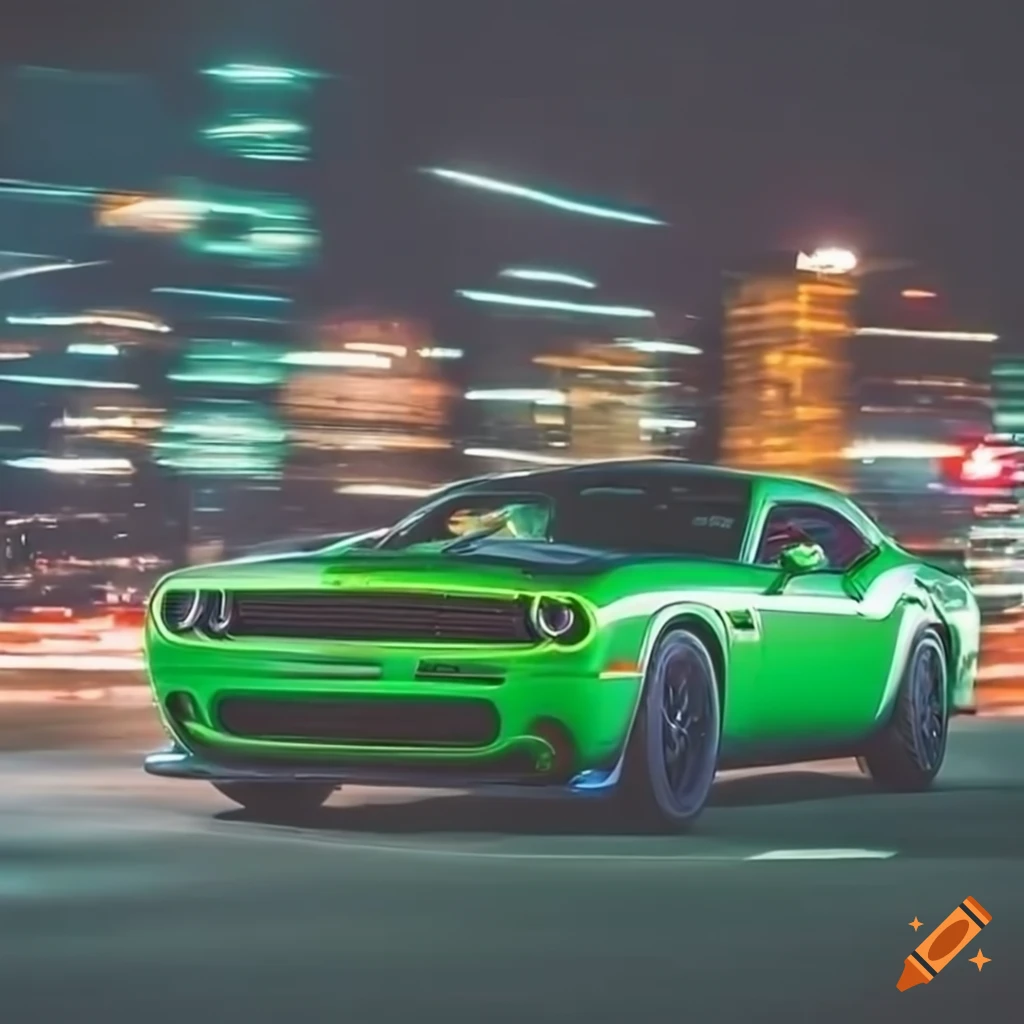 sleek green Dodge Challenger racing through a vibrant city at night