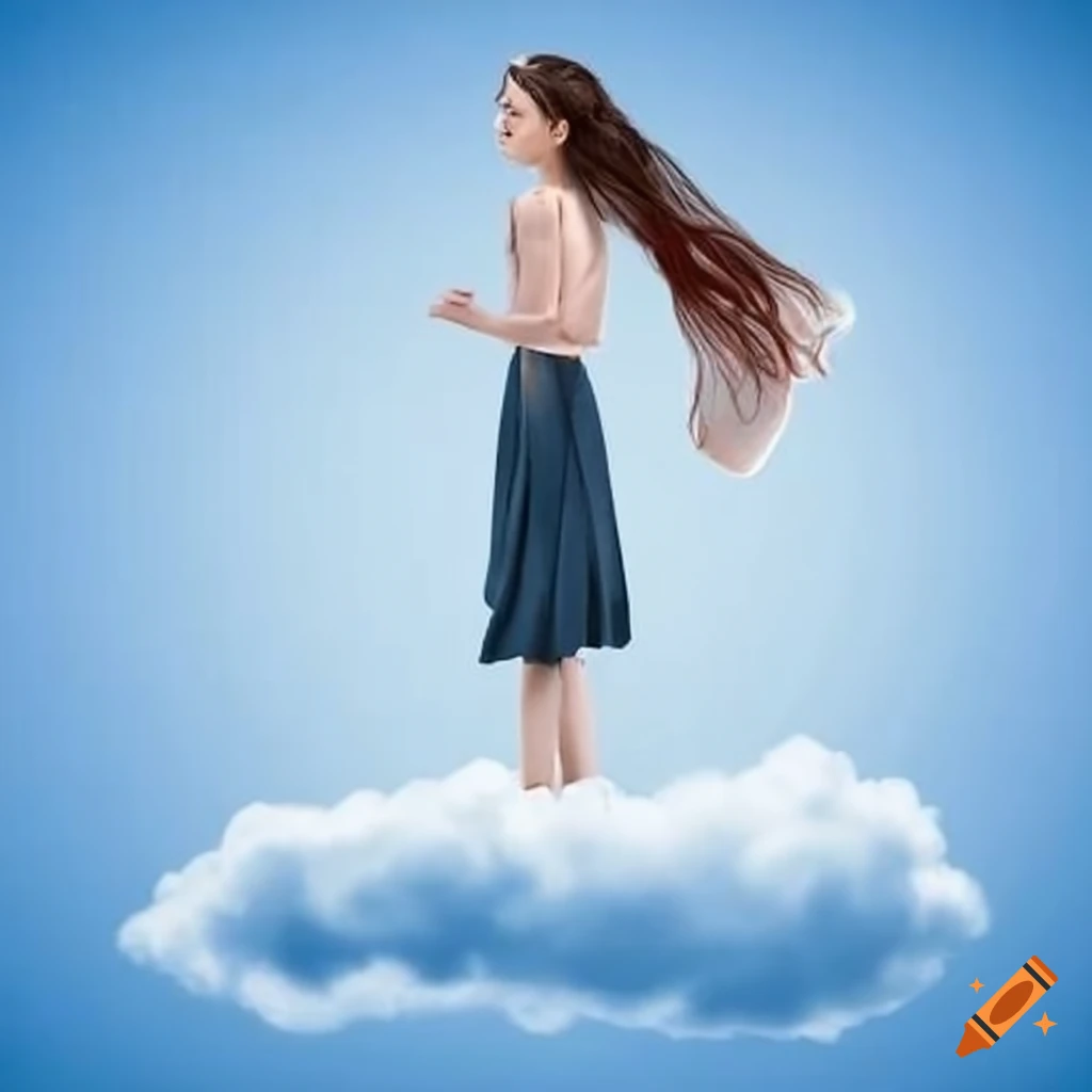 Artistic depiction of a woman walking on a cloud
