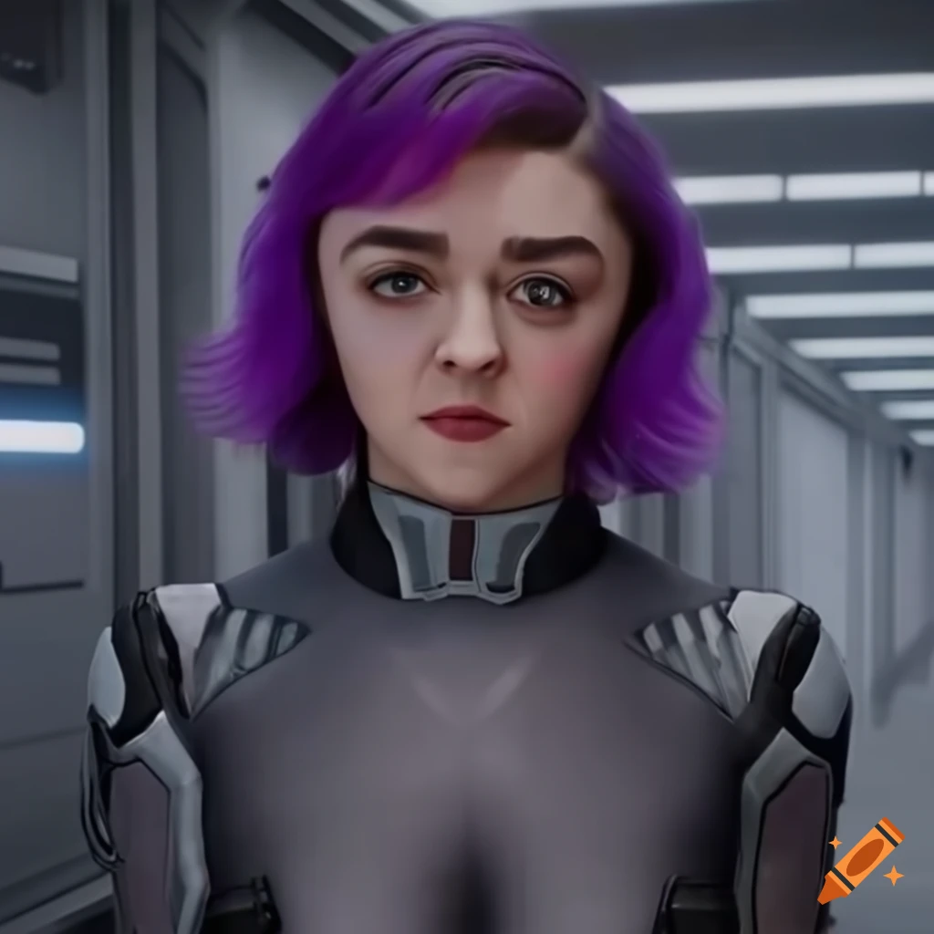 Sci-fi girl with purple pigtail-hair in futuristic corridor on Craiyon