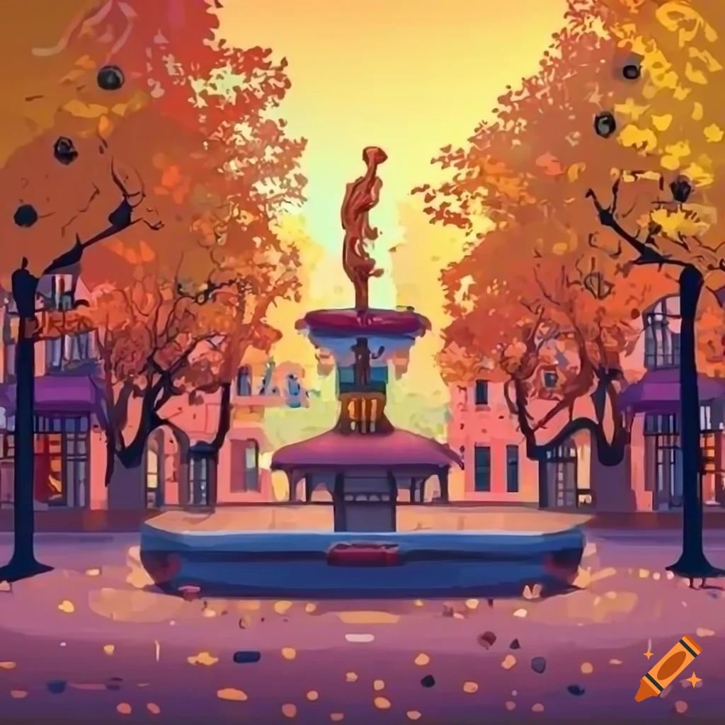 colorful autumn town square with a fountain and a statue
