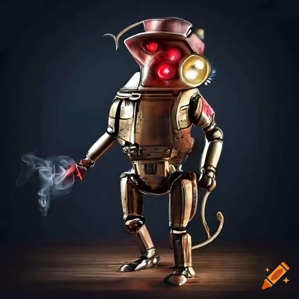 art of a futuristic steampunk robot baboon with red glowing eyes smoking a cigar