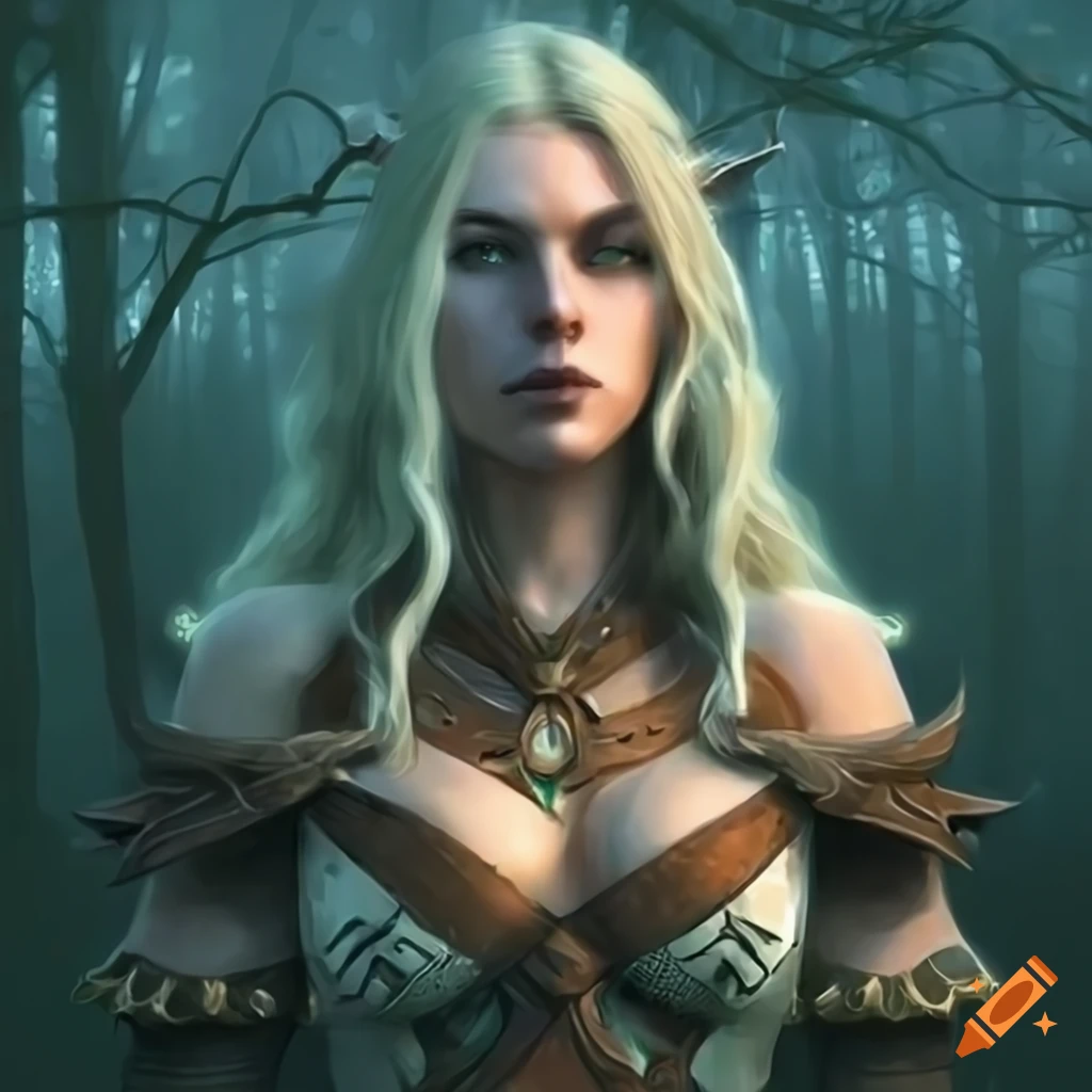 Illustration of a warrior druid in a foggy forest on Craiyon