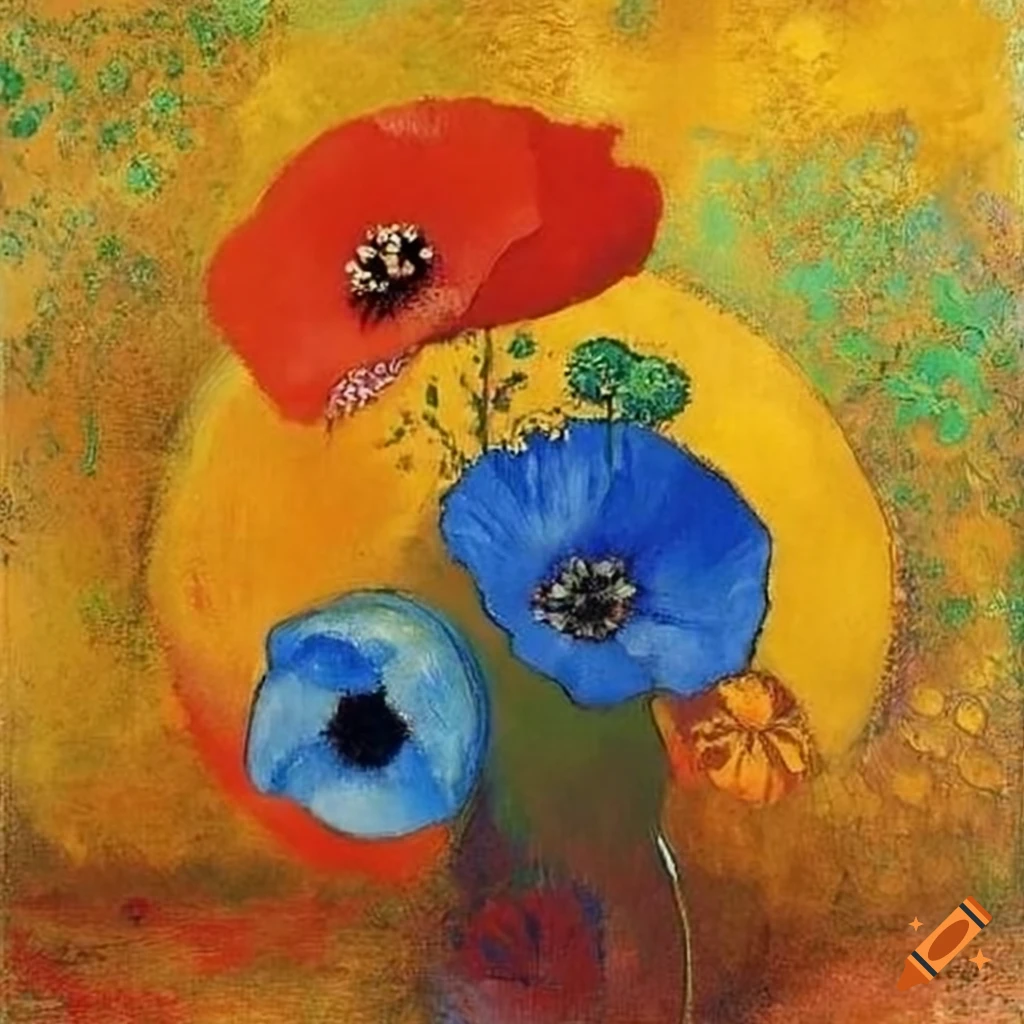 Poppies painting in blue, yellow, and orange on Craiyon