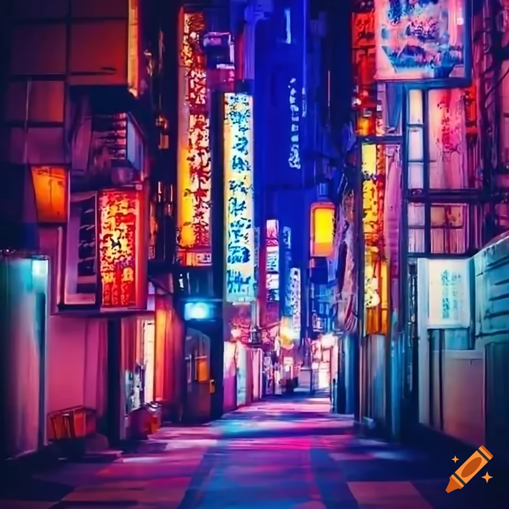 Calle de japon nocturna con luces neon estilo retro ultra 4k} on Craiyon