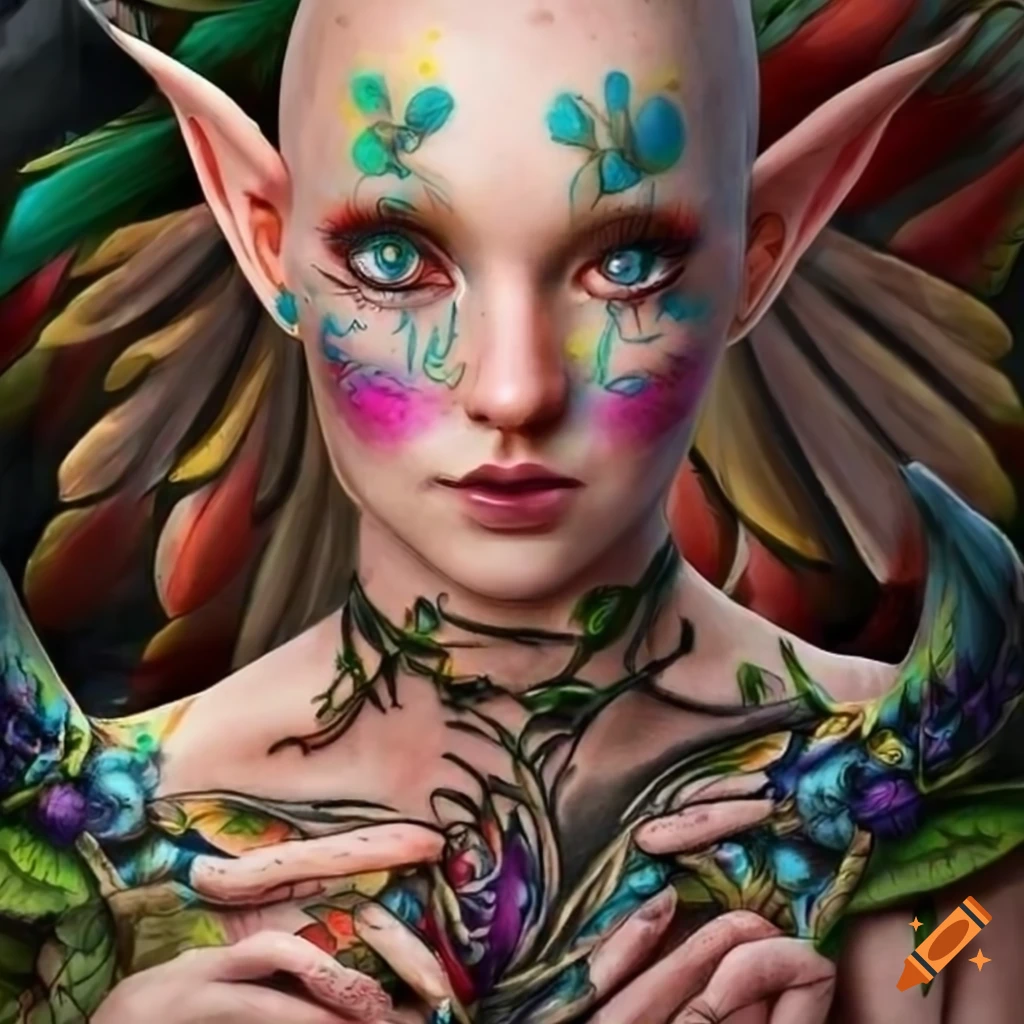 Beautiful wood elf with colorful wings and flower tattoo on Craiyon