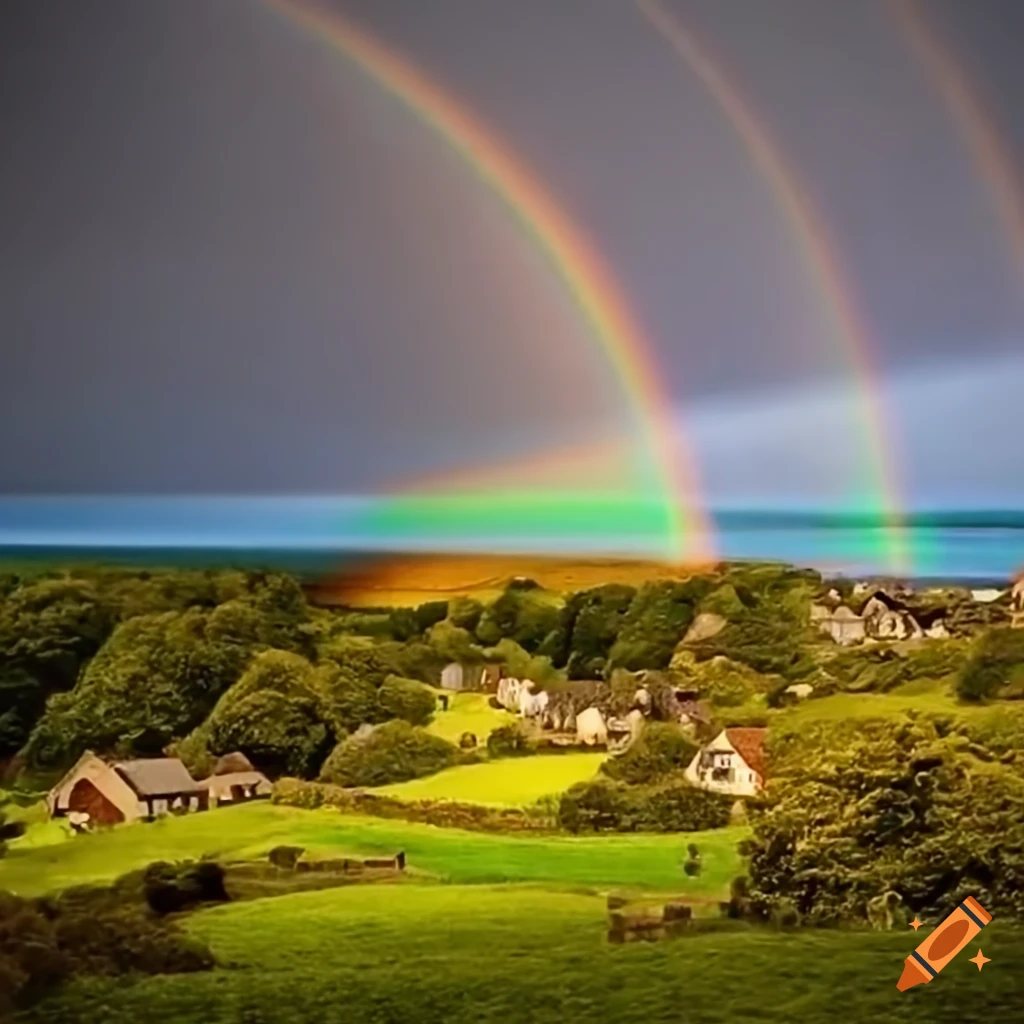 colorful rainbows over a village