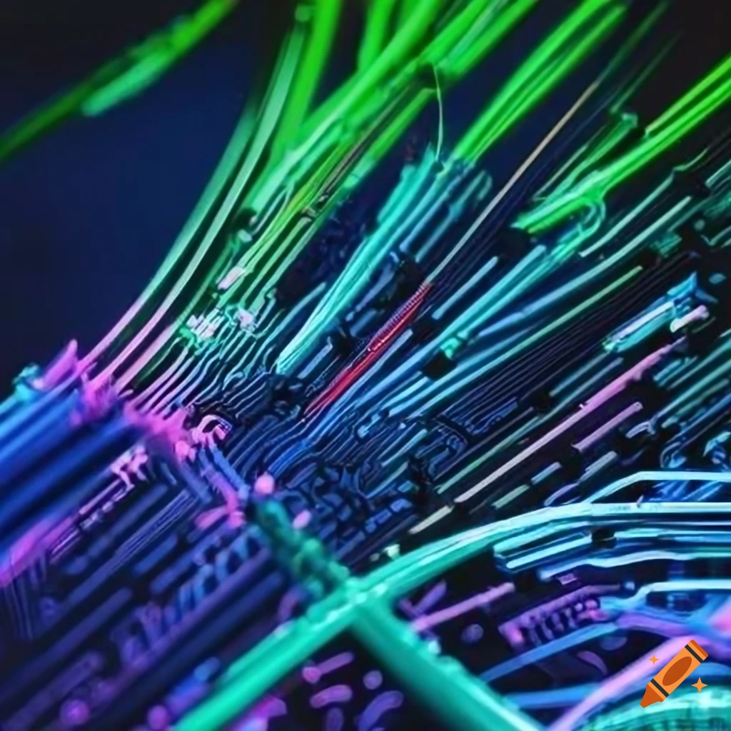 digital illustration of illuminated circuit tracks and fiber optic cables