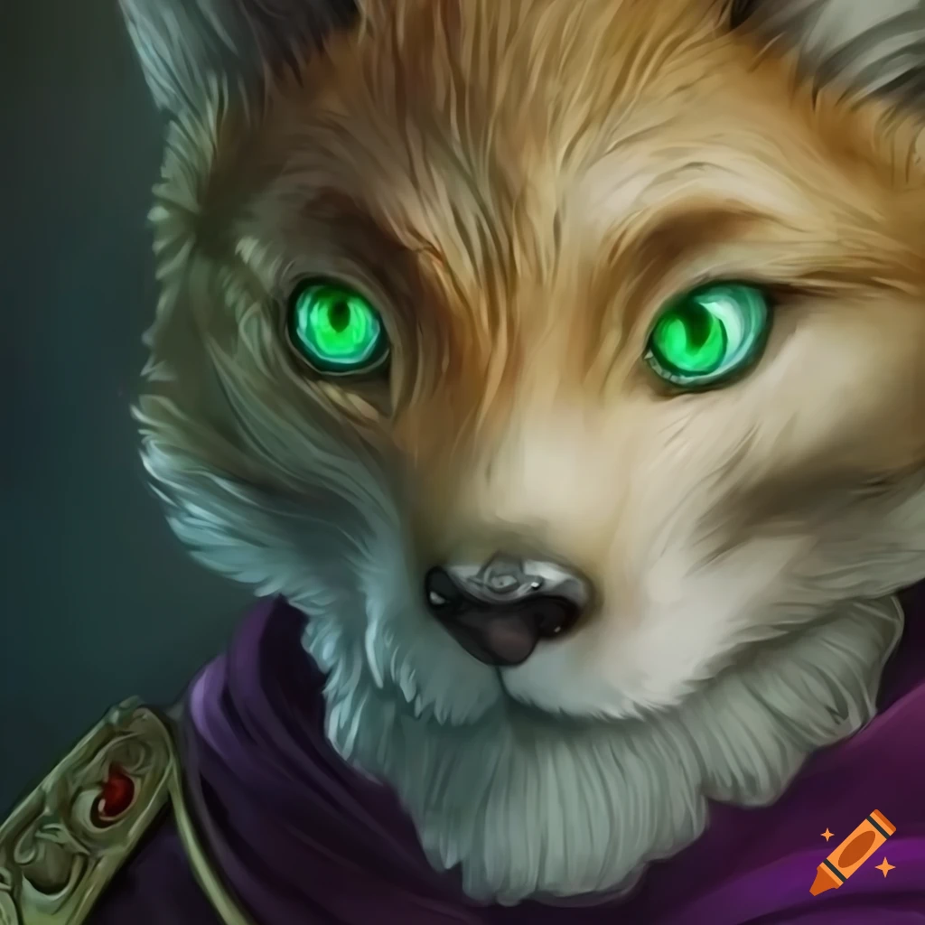 anthropomorphic fox priest with green eyes in classic anime art style