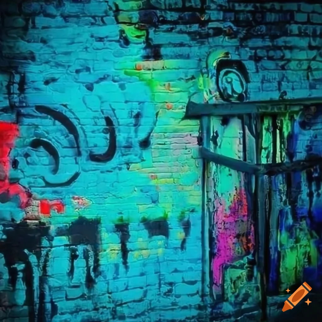 Blue neon graffiti on a brick wall