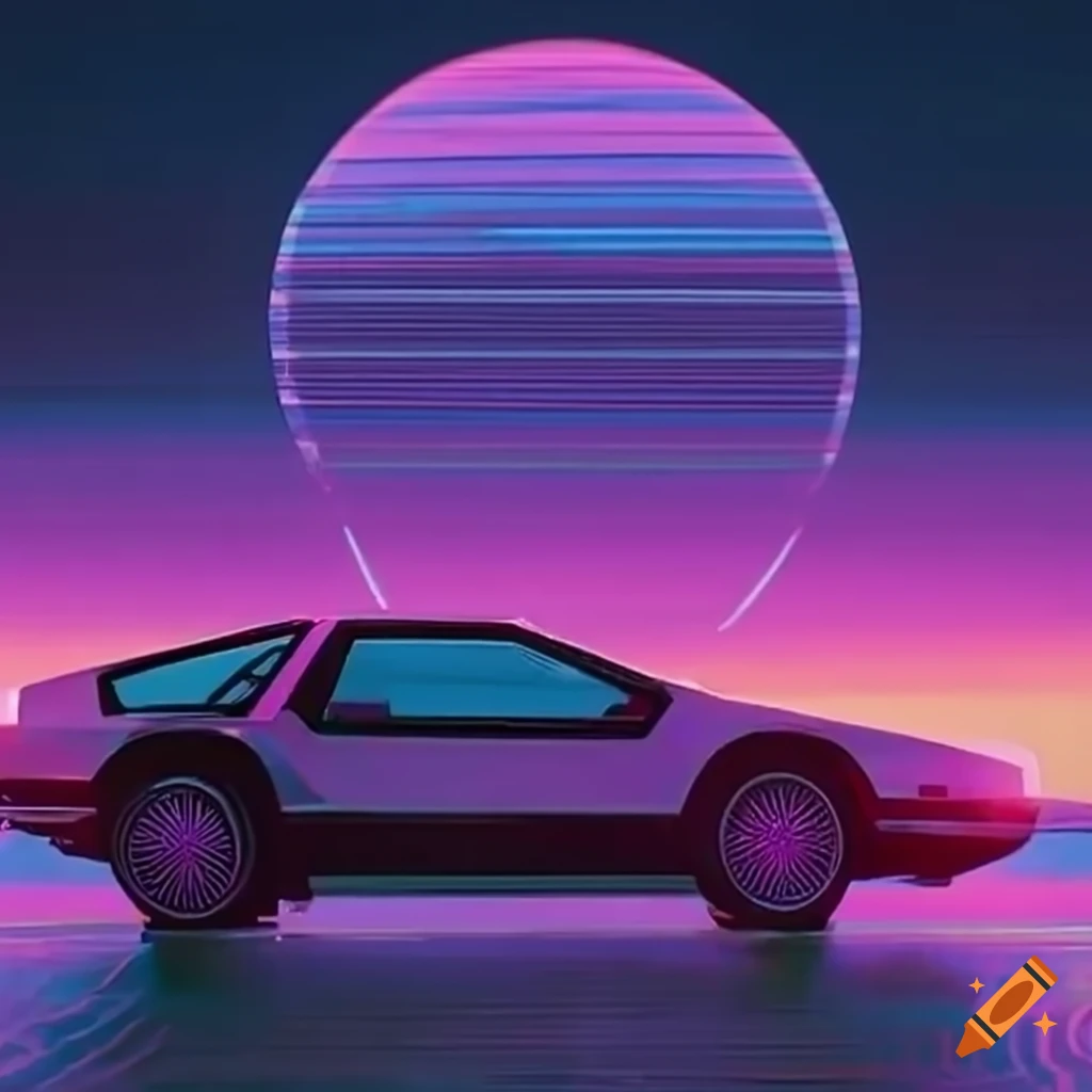 synthwave Marty McFly driving the DeLorean on the highway