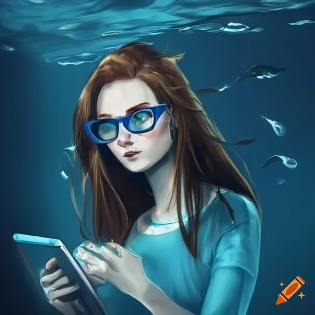 Illustration of a woman underwater with a futuristic tablet and tuna fish  on the screen on Craiyon