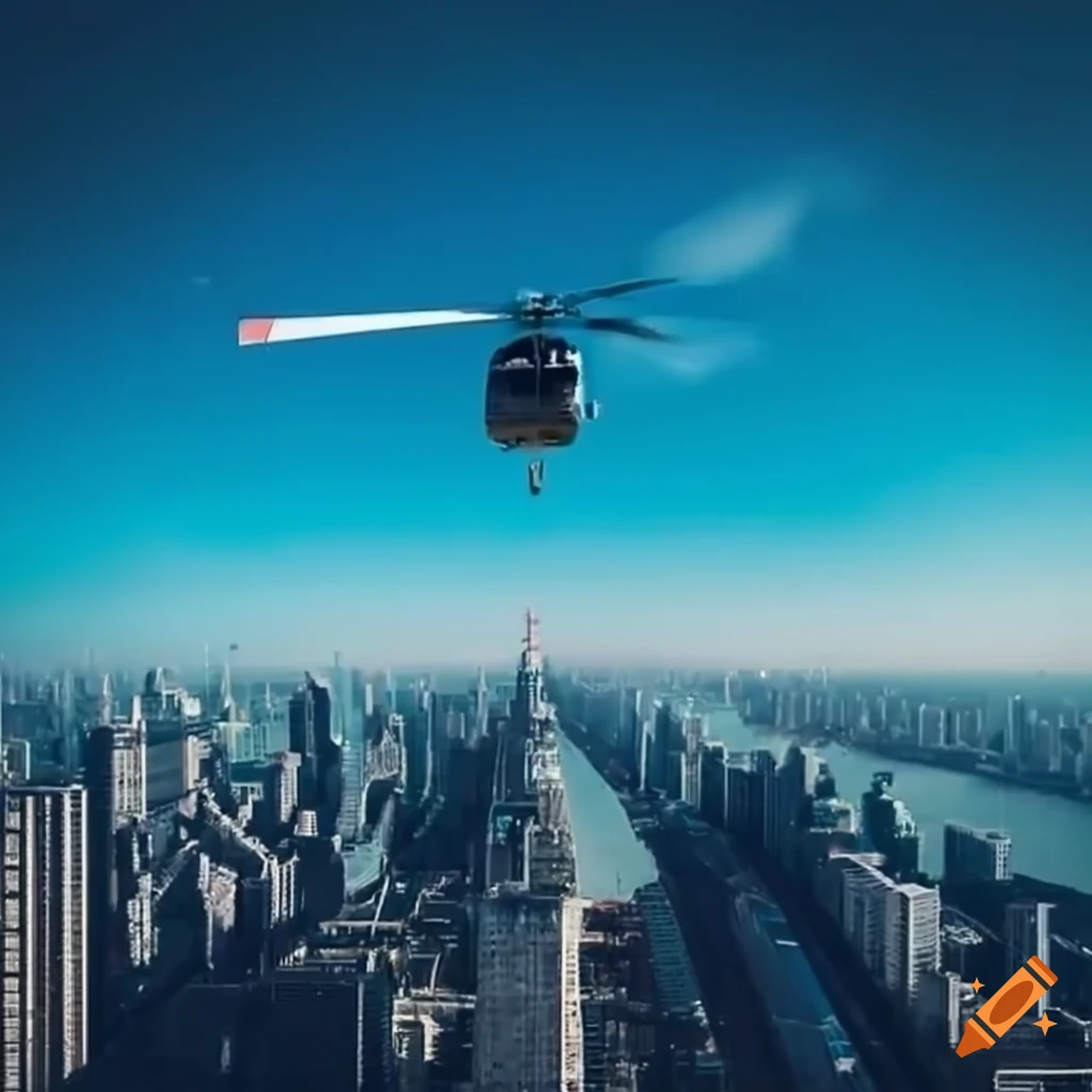 view from a skyscraper of a flying helicopter above a city
