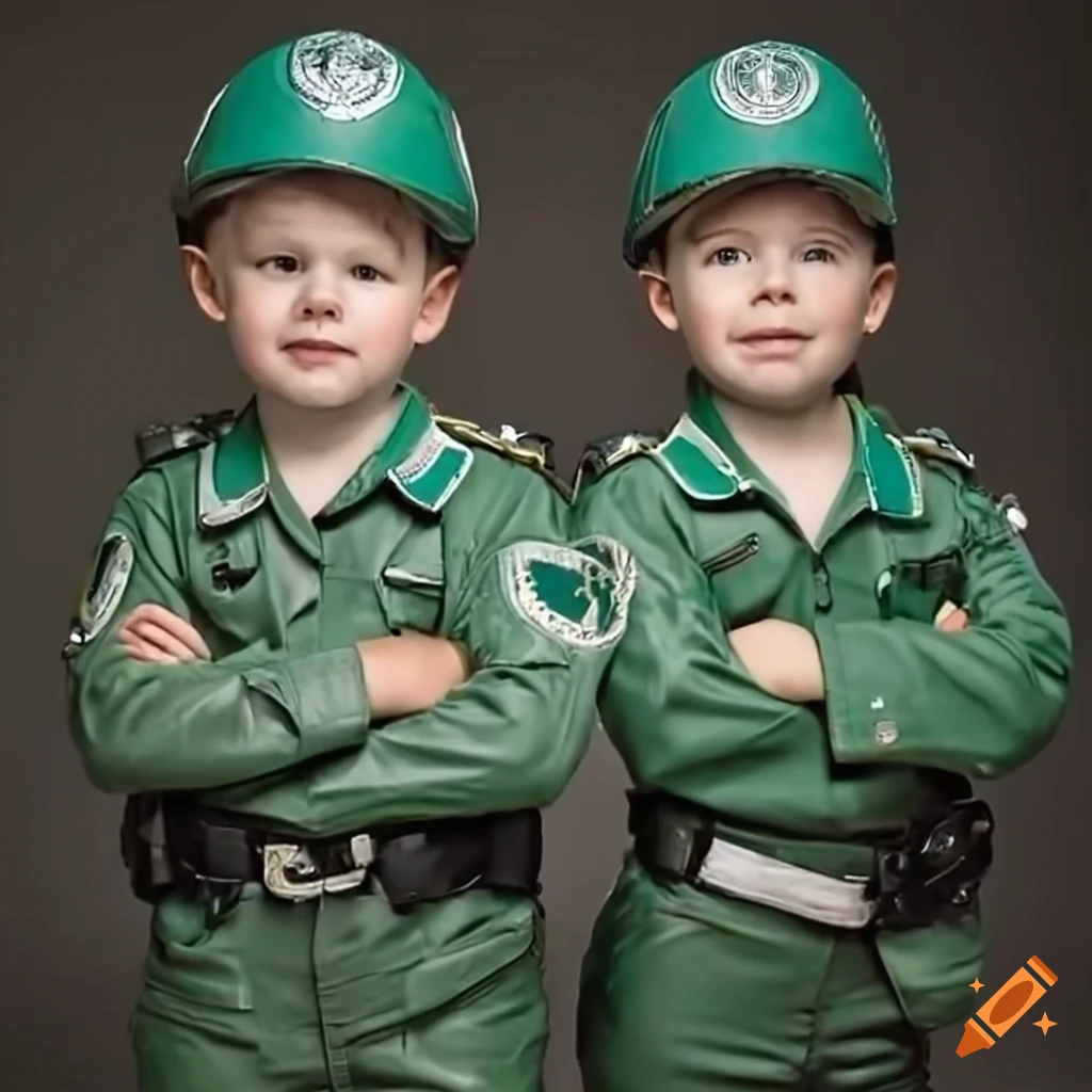 two toddler boys in green police motorcycle uniforms smiling
