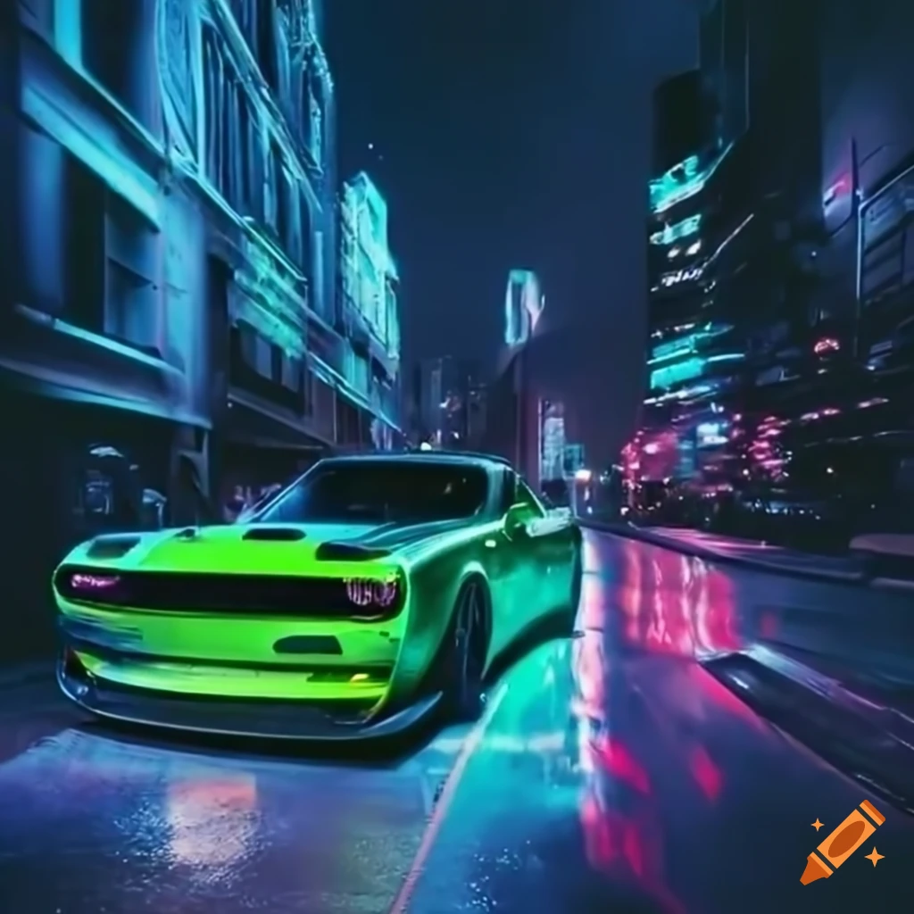 Nighttime cityscape with a zoomed out green dodge demon
