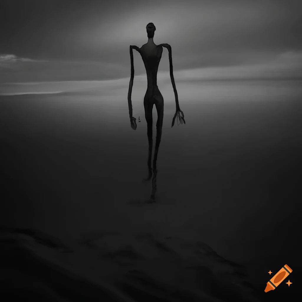 surreal creature roaming on black sand