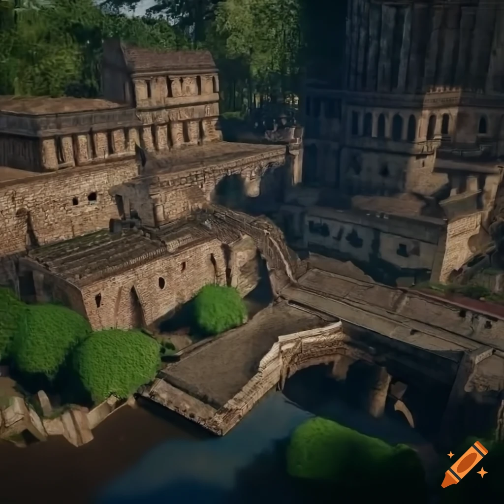 aerial view of an ancient Etruscan city in a jungle