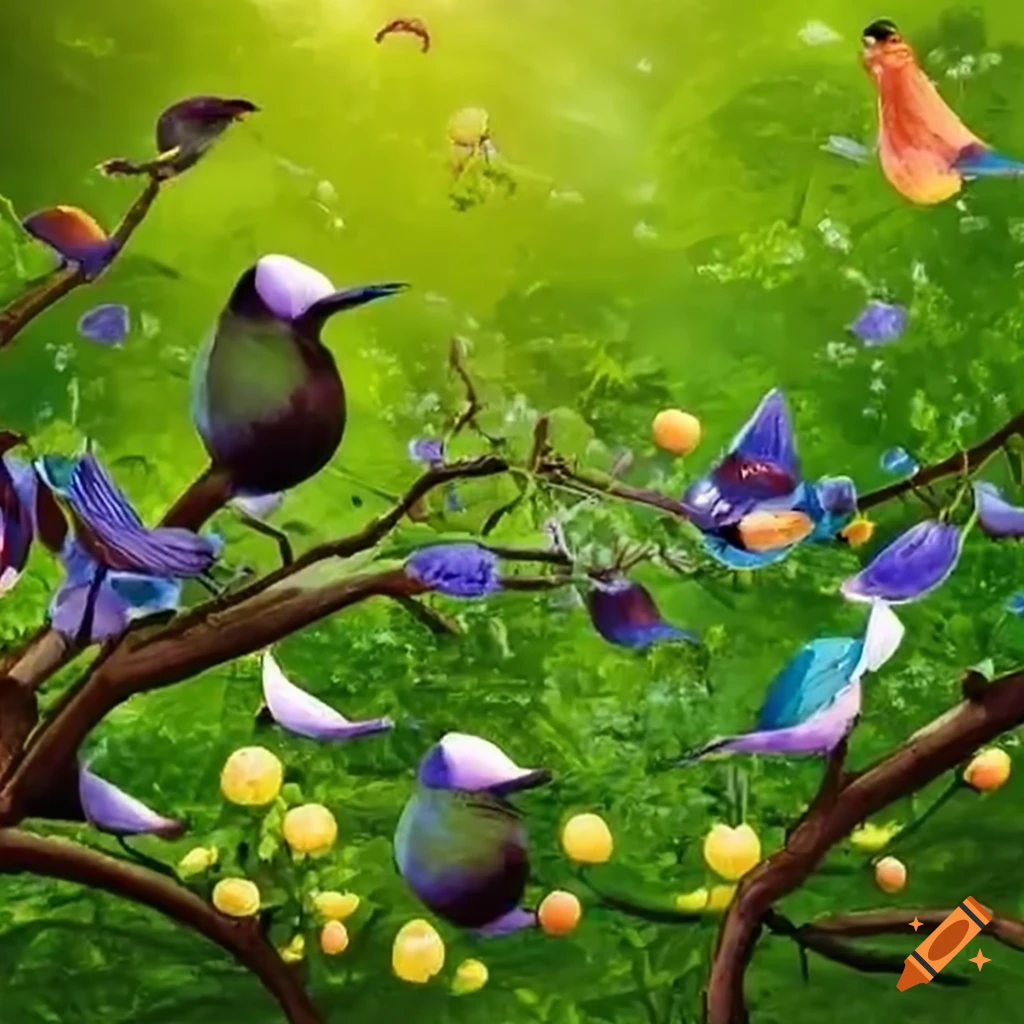 Garden of eden with fruit trees and birds on Craiyon