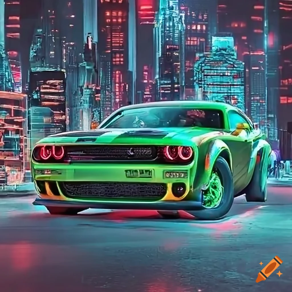 Neon cityscape with a green dodge demon racing