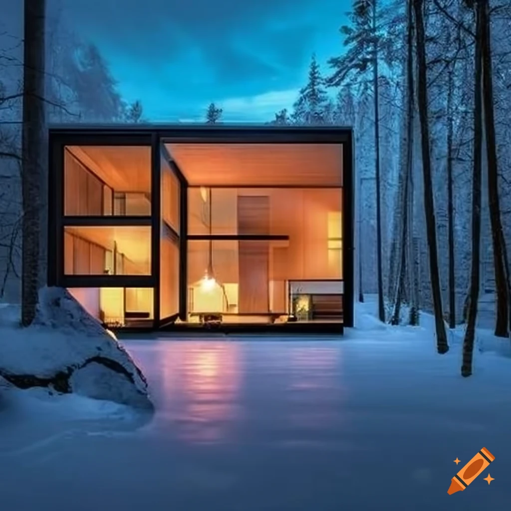 modern house with large windows in a snowy forest