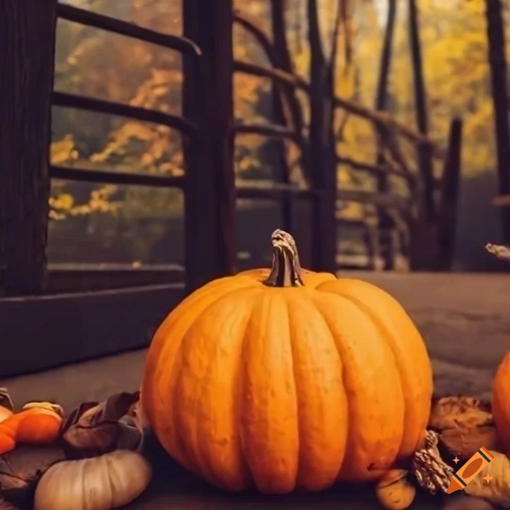 Aesthetic autumn forest scene with pumpkins and pinecones