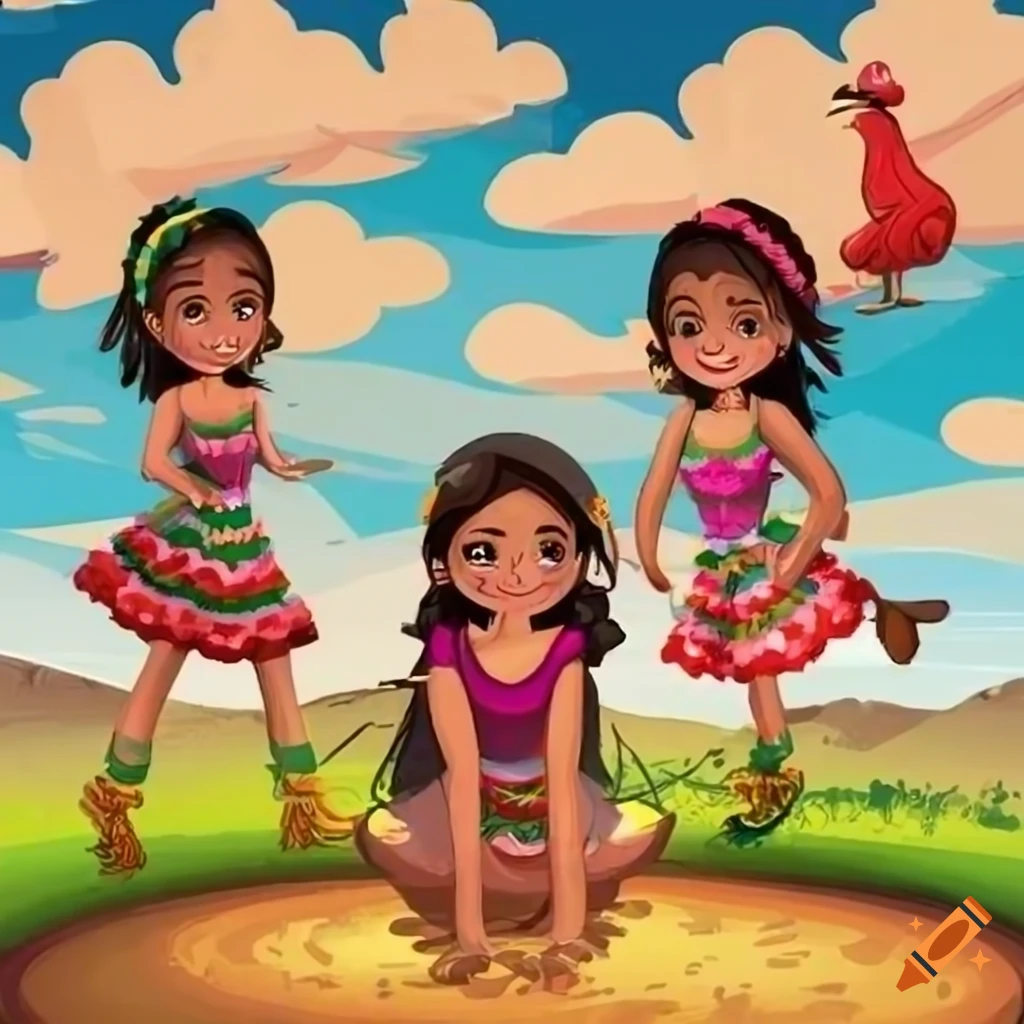 cartoon of four girls and a rooster on a farm