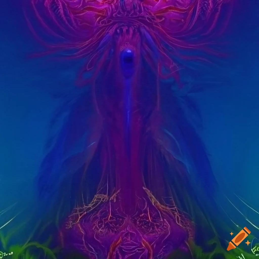 sacred path with three people walking, animals watching, inspired by Alex Grey, Andre Lima Carvalho, Pablo Amaringo, Salvador Dali