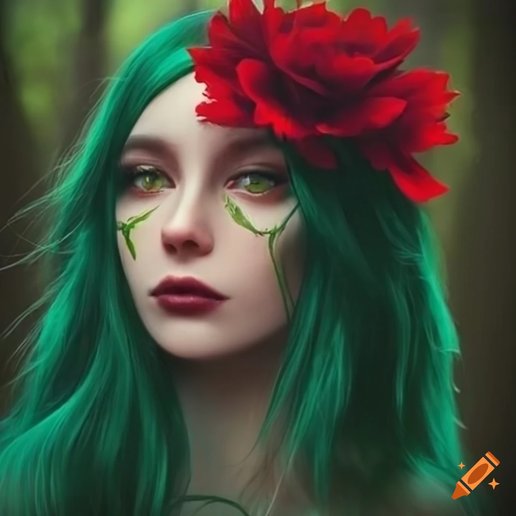 Woman With Green Hair And Flower In The Woods On Craiyon
