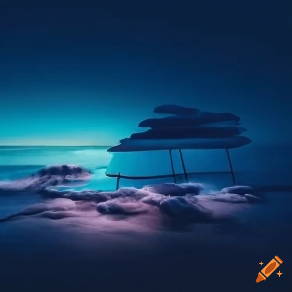 cloud world exhibition with cozy sofas and beds by the sea