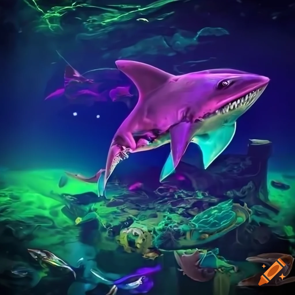 Neon-colored ocean with steampunk sharks on Craiyon