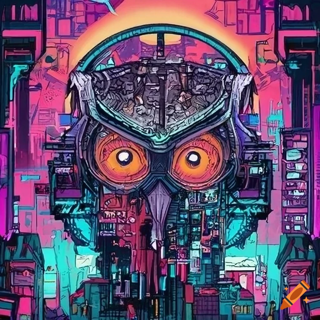 Cyberpunk owl artwork by tim doyle on Craiyon