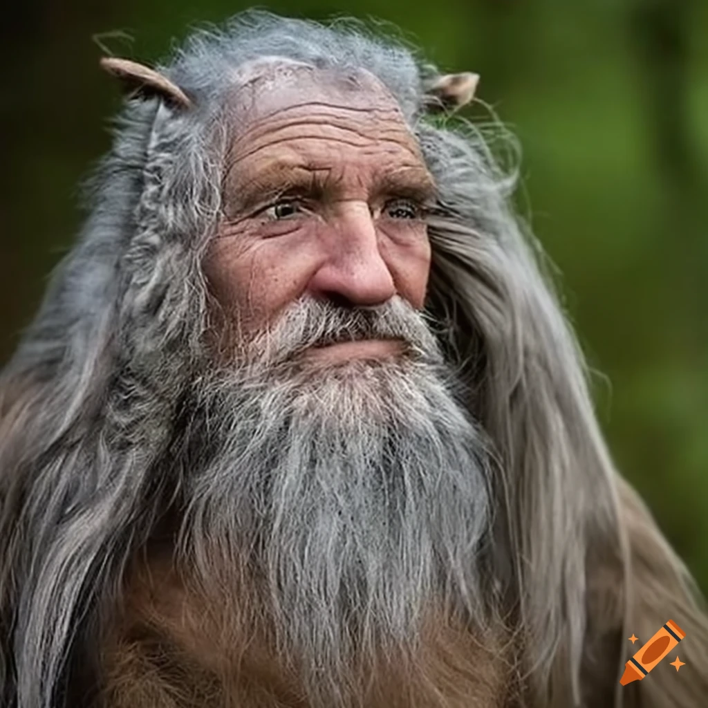 image of a hermit druid with hazel eyes and wild gray hair