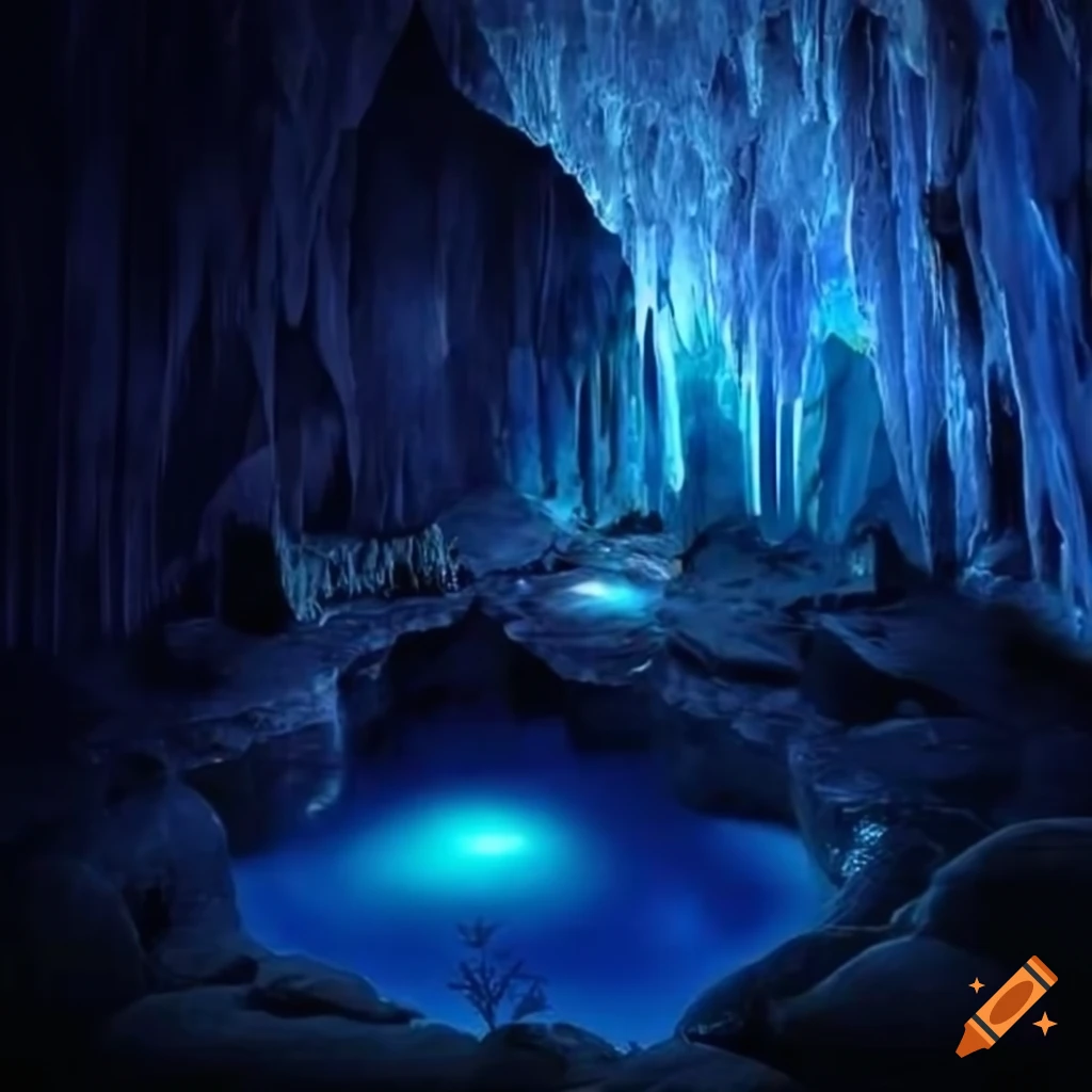 photo of a magical crystal cave with a pond