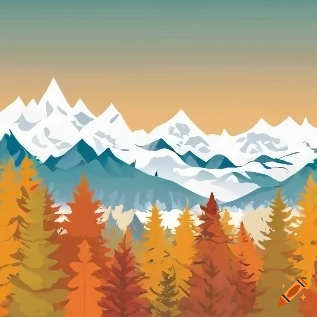 autumn Nordic color scene of a forest and snowy mountains