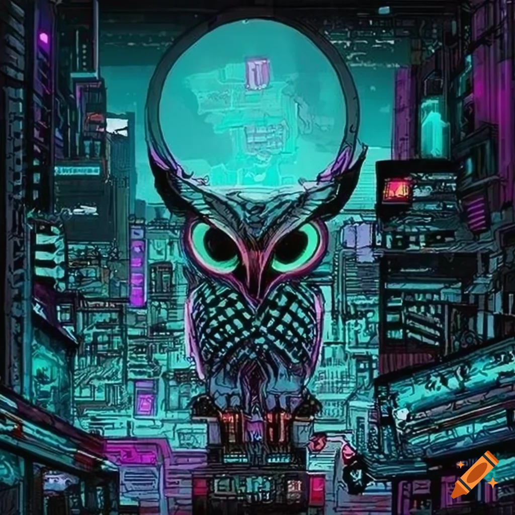 Cyberpunk owl artwork by tim doyle on Craiyon