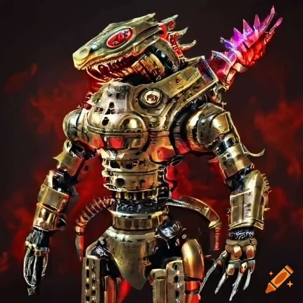 futuristic steampunk robot komodo dragon with glowing eyes