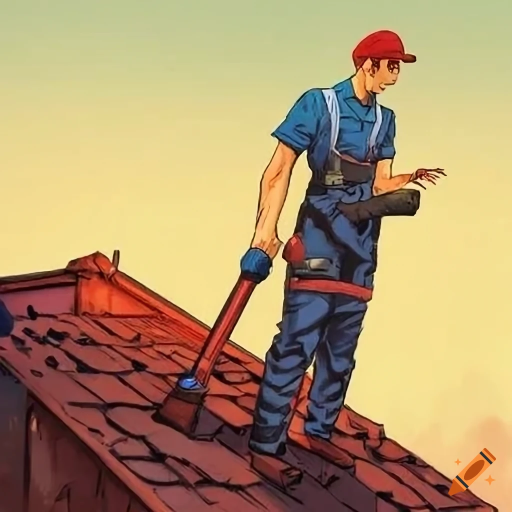 manga illustration of a handyman fixing a roof