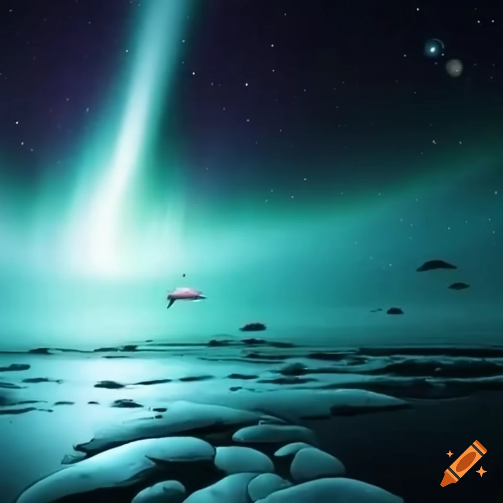 aurora with mysterious UFOs in the sky